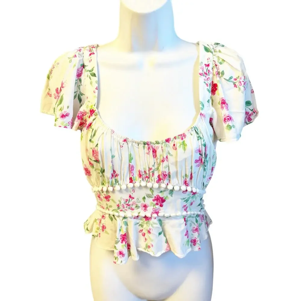 Majorelle Woodbury Crop Top In White Raspberry Size S Ruffle Short Sleeve Floral - Picture 2 of 7